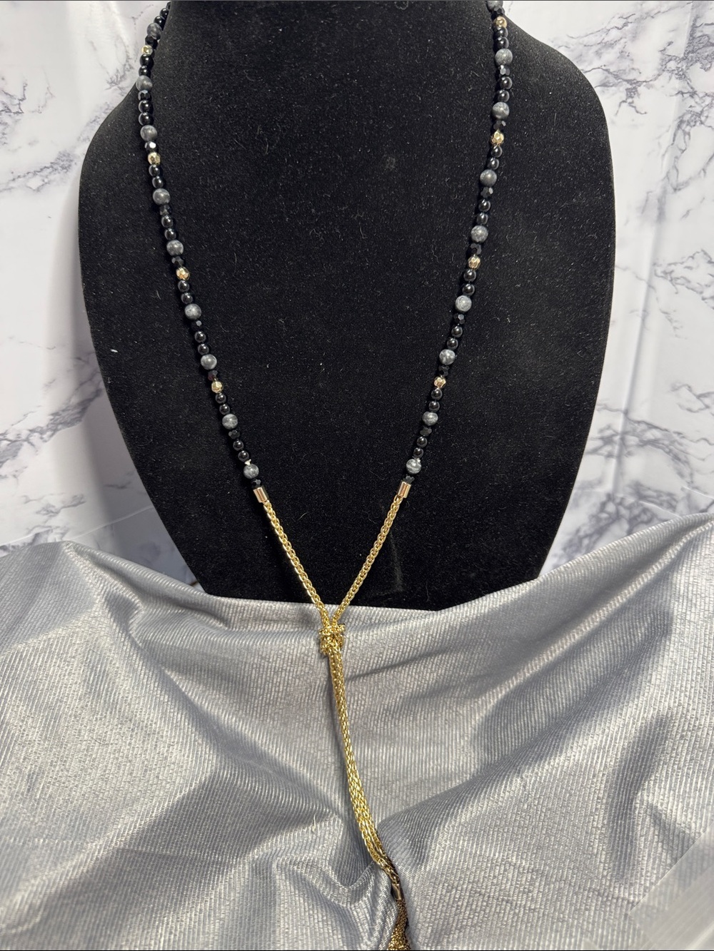 Laundry By Shelli Segal Black and Gray Beaded Necklace with Gold Tassel